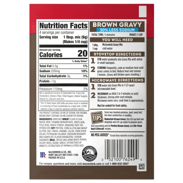 McCormick No Artificial Flavors 30% Less Sodium Brown Gravy Seasoning Mix
